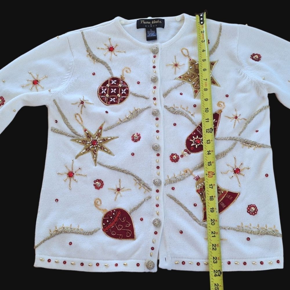 Vintage 90's KIKIT Christmas Sweater Cream Embellished Ornaments Cardigan size S - Picture 10 of 16